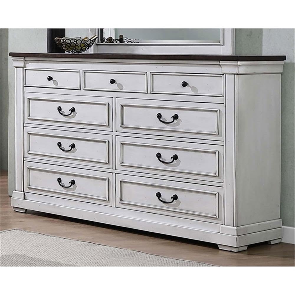 Coaster Home Furnishings Hillcrest Farmhouse 63-inch 9-Drawer Bedroom Dresser Clothing Storage Cabinet Wide Chest of Drawers Organizer Unit Distressed White 223353