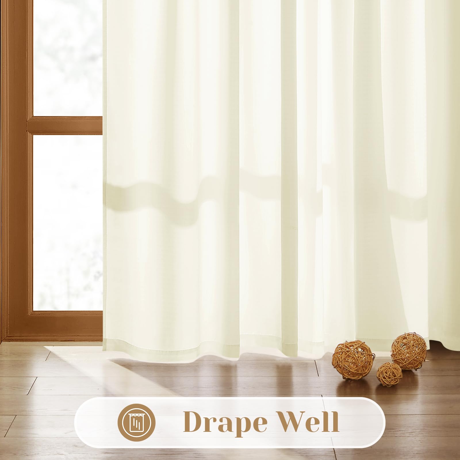 Homeideas Non-See-Through Cream Yellow Privacy Sheer Curtains 52 X 45 Inches Long 2 Panels Set, Fish Bone Pattern Semi Sheer Cur