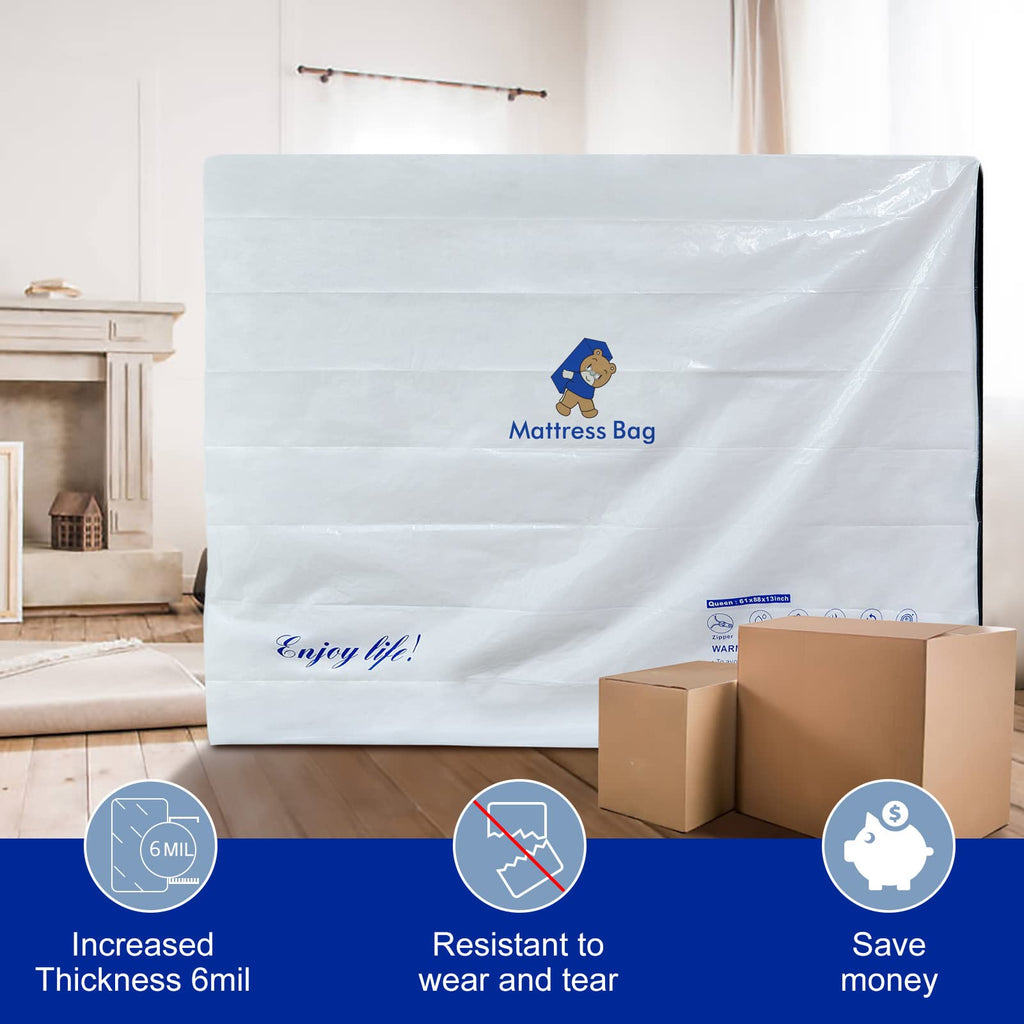 Excibubblebearbb Mattress Bags For Moving And Storage,6 Mil Waterproof Zippered Mattress Bag Queen Size, Extra Thick Tear & Punc