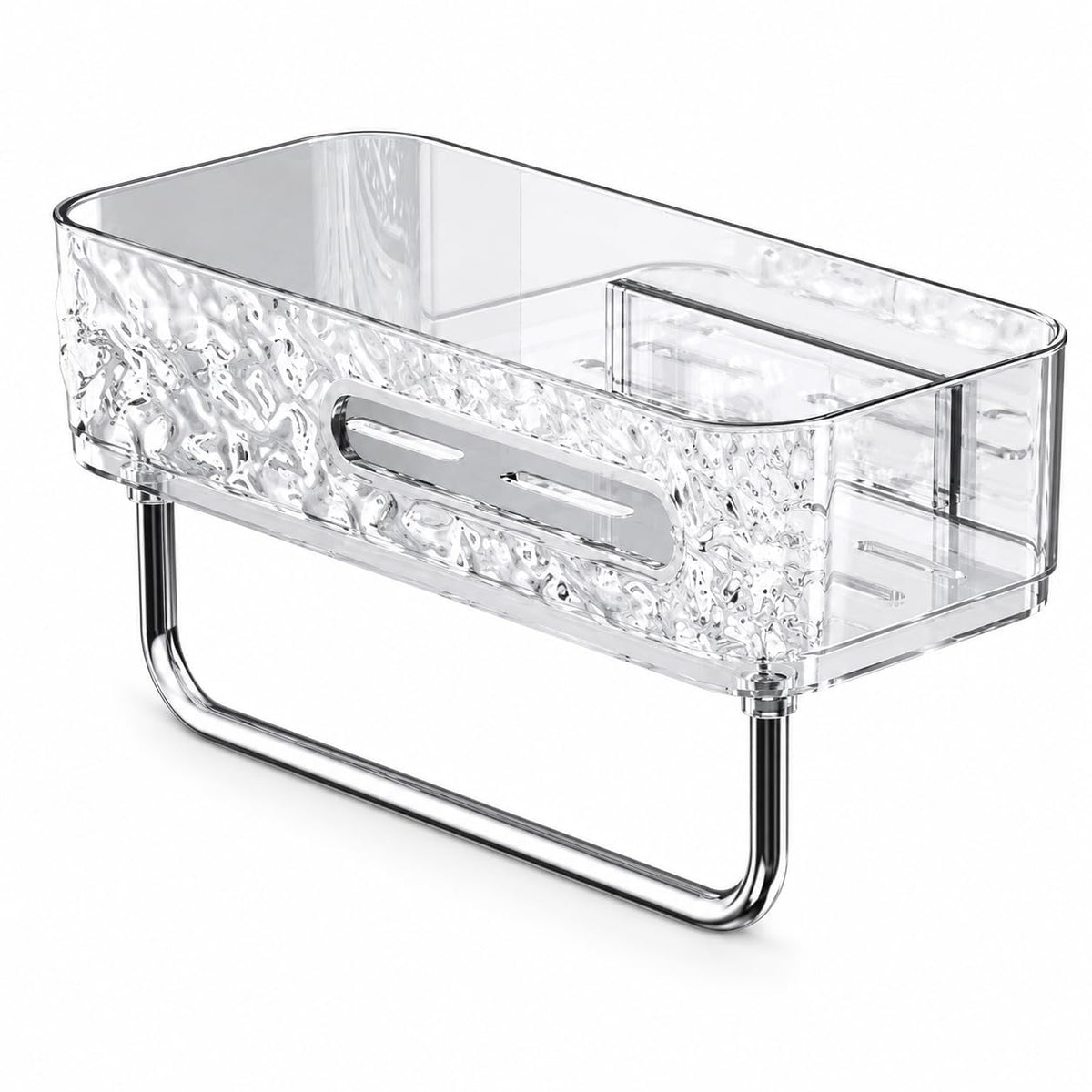 ZOCKRIX Bathroom Shelf with Towel Holder, Transparent Wall Storage Rack with Textured Front, Open Tray and Hanging Rail for Wash