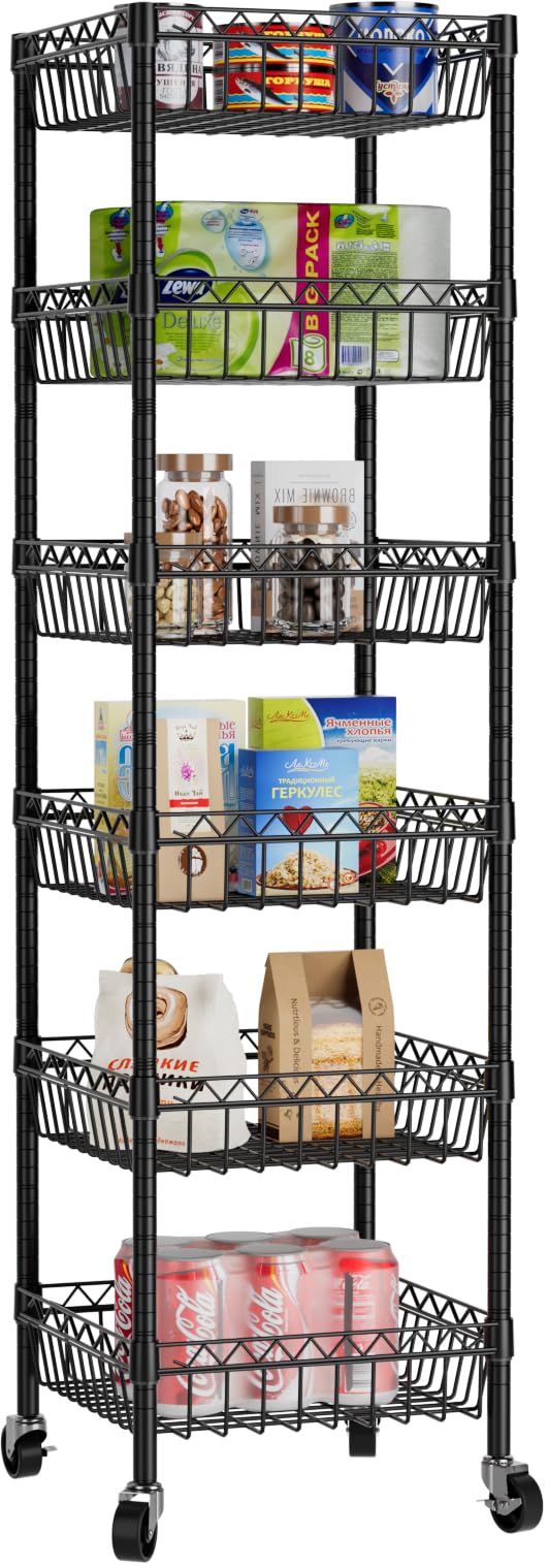 Golpart Basket Shelves Closet Rack with Wheels Metal Pantry Wire Shelf Unit