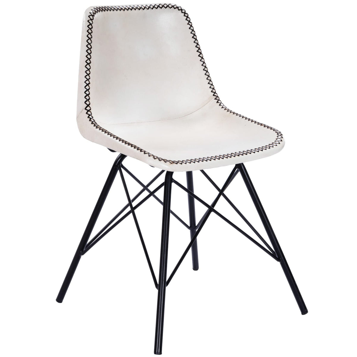 HomeRoots Natural Leather, Iron, Plastic White Contrast Stitch Leather Dining Chair