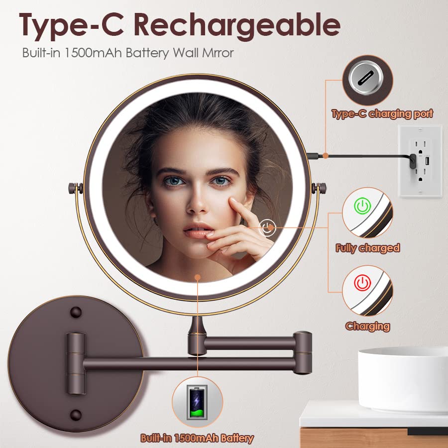 Rocollos Rechargeable Wall Mounted Lighted Makeup Mirror, 8 Inch Double-Sided Led Vanity Mirror 1X/10X Magnification,3 Color Lig