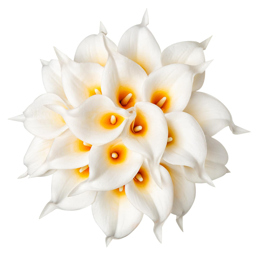 DuHouse 20Pcs Artificial Calla Lily Flower Real Touch Latex Flowers for DIY Wedding Bouquet Party Home Decor (White Orange)
