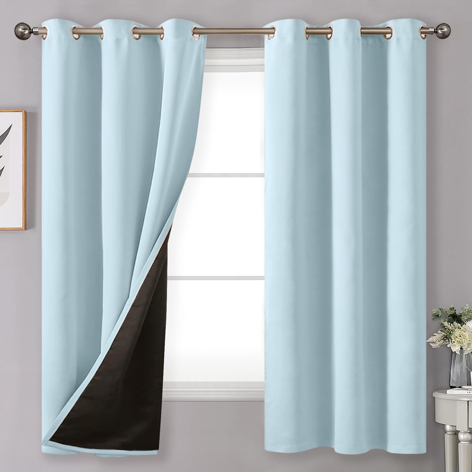 Youngstex Baby Blue Blackout Curtains 63 Inches Length For Kids Bedroom, Thick Full Light Blocking Thermal Insulated Window Drap