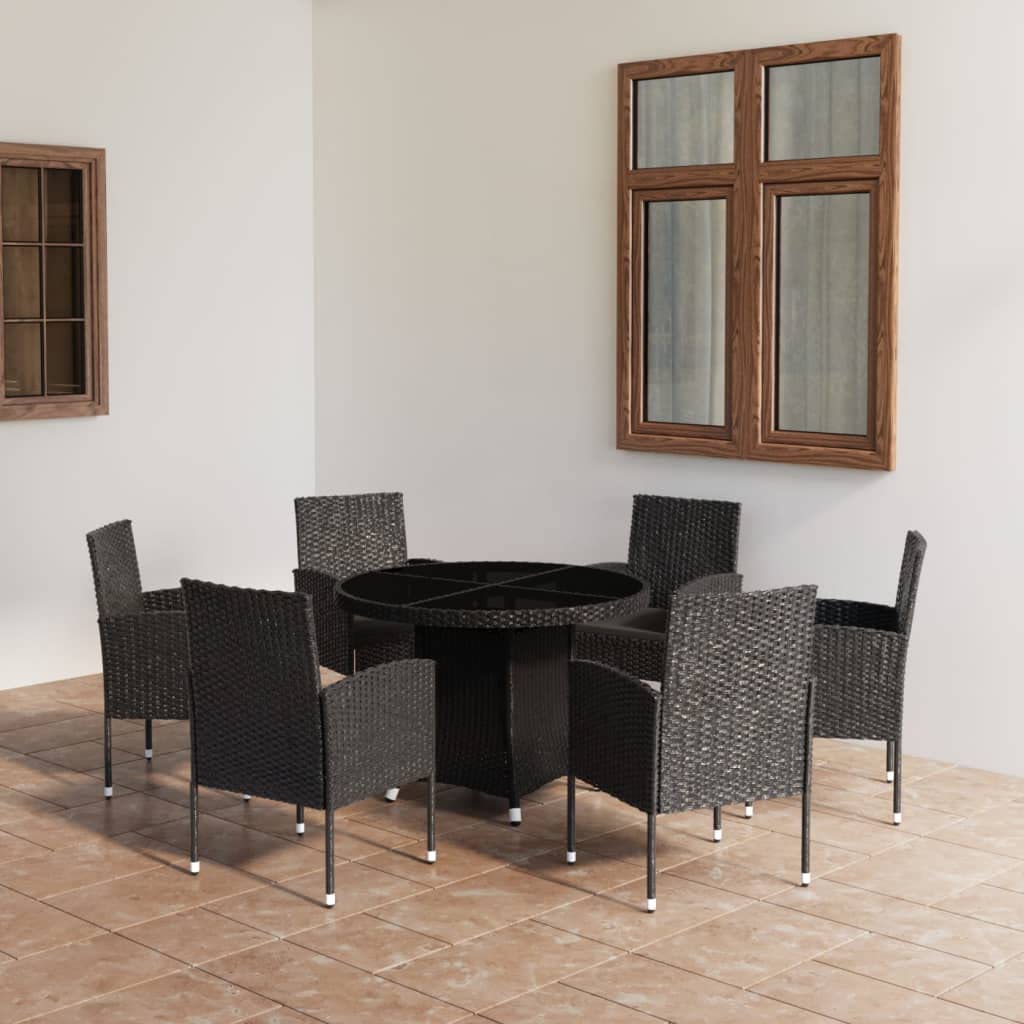 vidaXL Patio Dining Set 7 Piece Garden Outdoor Lawn Yard Terrace Balcony Backyard Table and Chair Seat Seating Furniture Poly Rattan Black