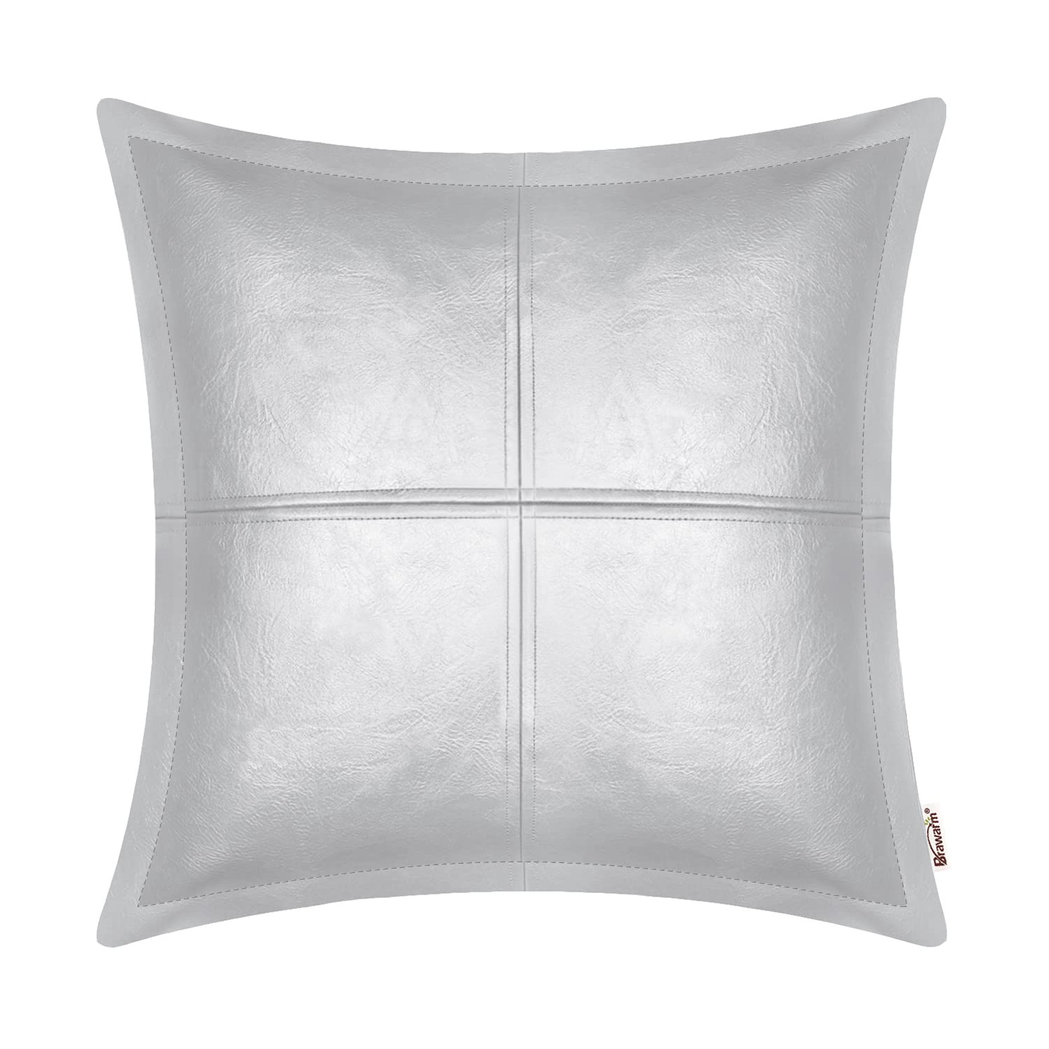 Brawarm Silver Leather Throw Pillow 16 X 16 Inches, Faux Leather Pillow Cover With Piping, Hand Stitched Leather Decorative Thro