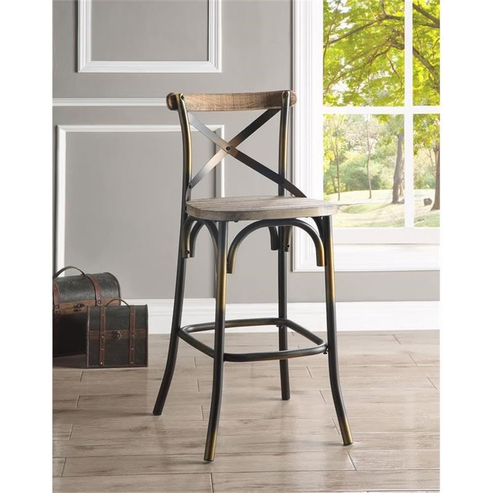 Acme Zaire Armless Bar Stool with Wooden Seat in Antique Copper and Antique Oak