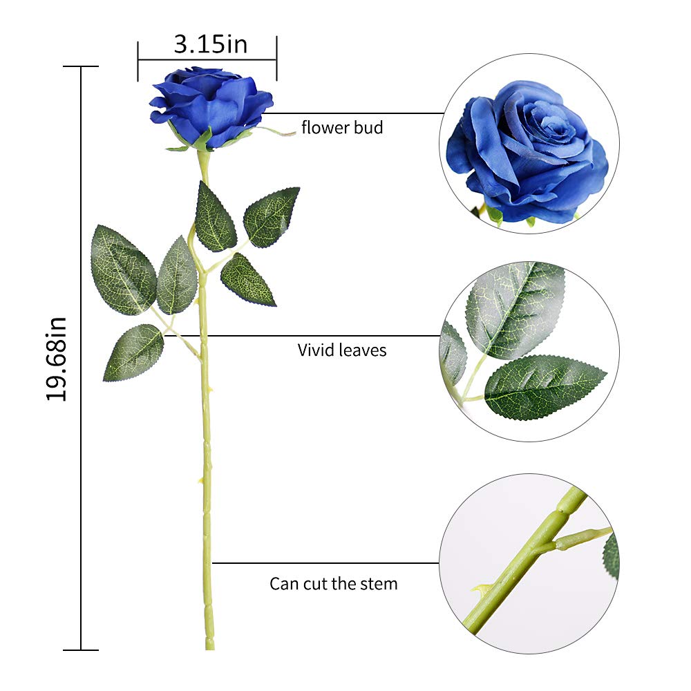 Tifuly Royal Blue Roses Artificial Flowers -12 Pcs Realistic Single Long Stem Fake Silk Roses Bouquet For Party Home Wedding Cen