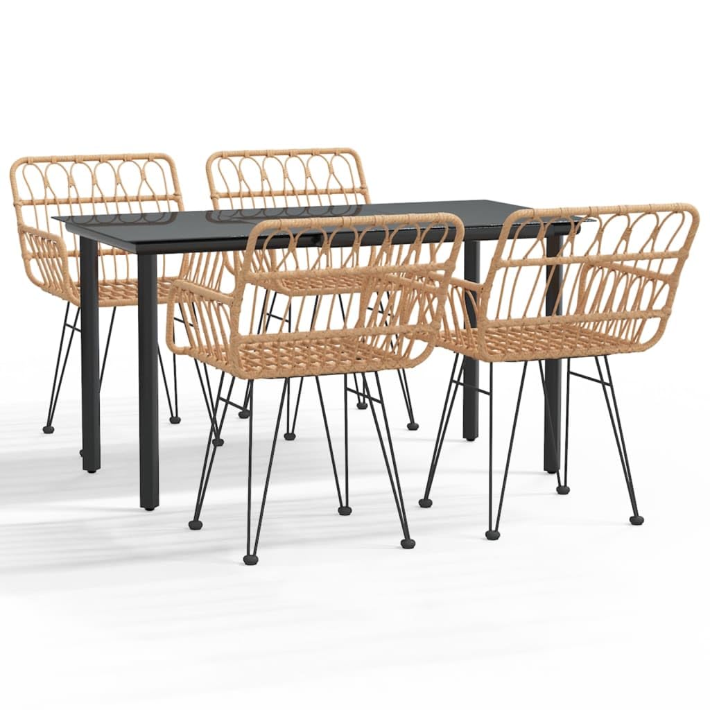 vidaXL 5 Piece Dining Set - Poly Rattan Outdoor Patio Furniture Set with Comfortable Armrest Chairs and Glass-Top Table - Weather Resistant & Easy to Clean - Brown