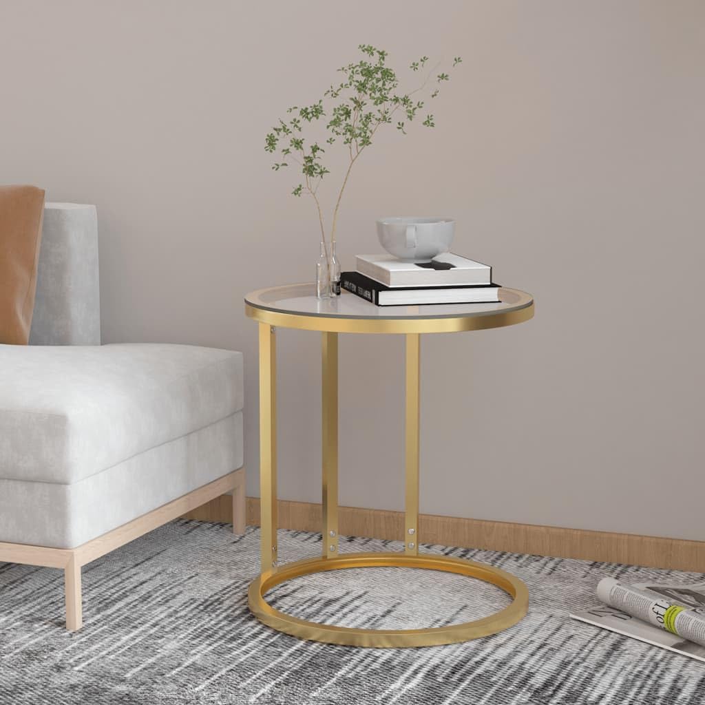 vidaXL Round Side Table - Gold and Transparent - Tempered Glass and Powder-Coated Iron Table - Modern Design for Home, Office, Living Room