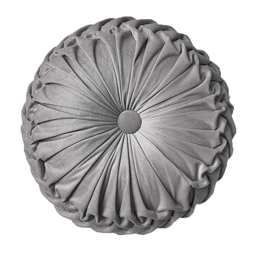 Teieas Round Throw Pillow Velvet Home Decoration Pleated Round Pillow Cushion For Couch Chair Bed Car Grey