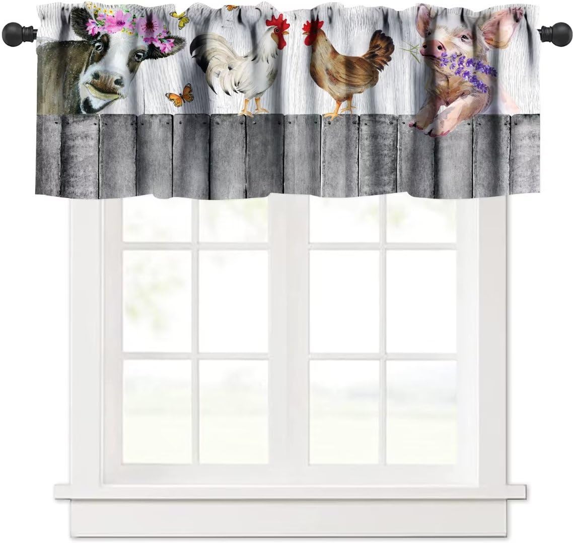 Janjcurt Farm Animal Window Valance,Vintage Farmhouse Pig Cow Chicken Short Curtain Valance For Bedroom Bathroom Living Room Kit