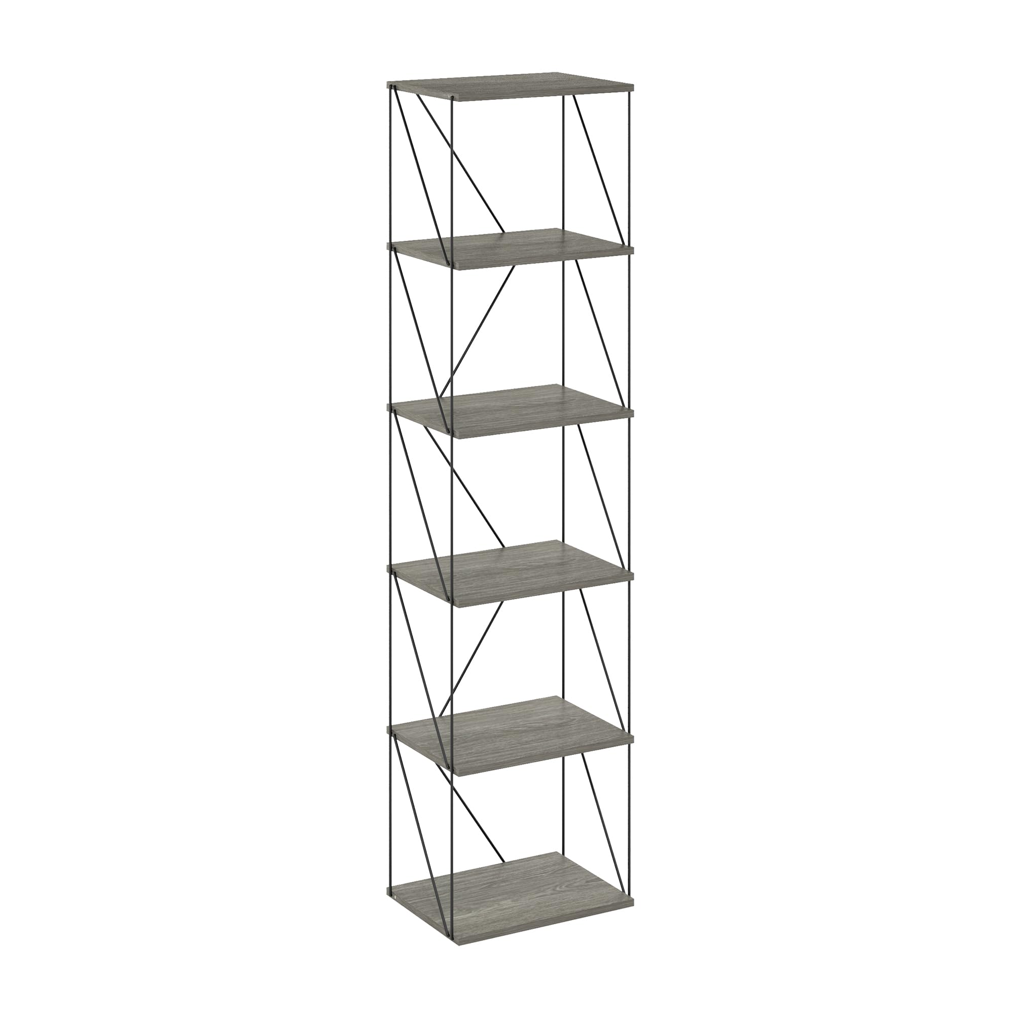 Furinno Rata 6-Tier Industrial Multipurpose Flat Base Shelf Display Rack with Metal Frame, Narrow, French Oak Grey