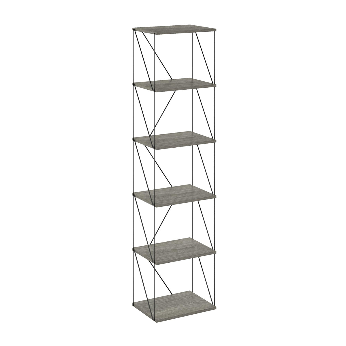 Furinno Rata 6-Tier Industrial Multipurpose Flat Base Shelf Display Rack with Metal Frame, Narrow, French Oak Grey