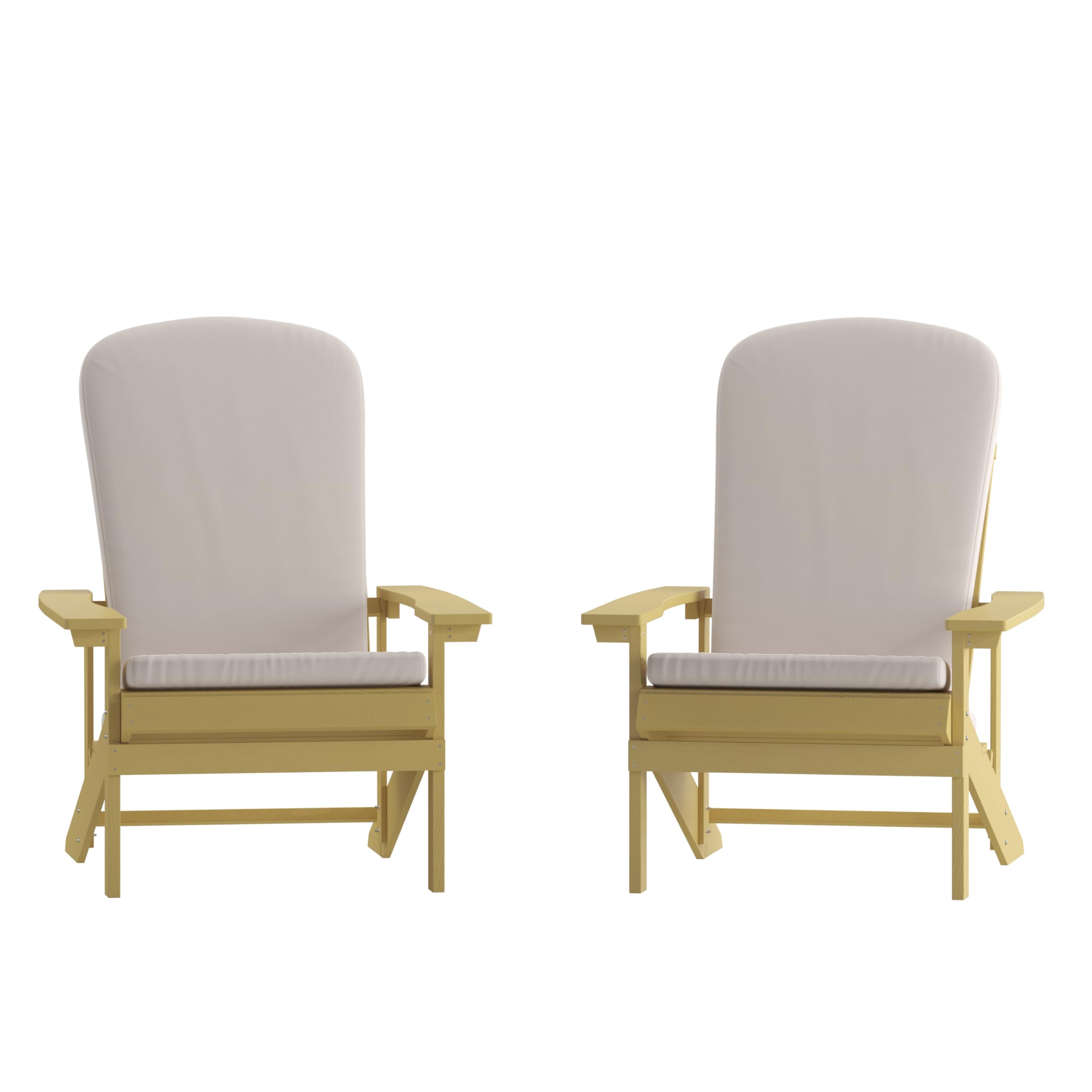 Set of 2 Adirondack Chairs in Yellow with Cream Cushions, Porch, and Patio