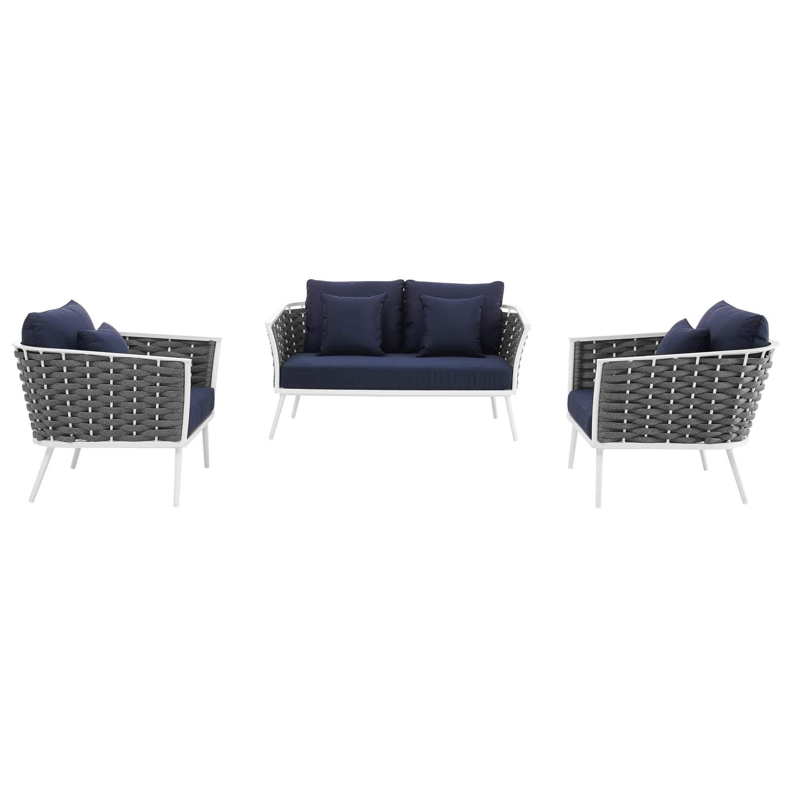 Modway Stance Outdoor Patio Aluminum, Loveseat And Two Armchairs, White Navy