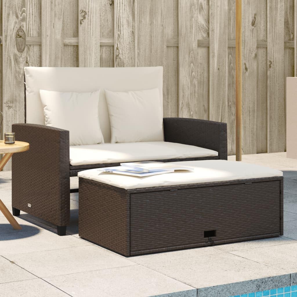 vidaXL Patio Sofa with Cushions - Brown Poly Rattan 2-Seater Outdoor Bench/Bed with Storage and Footstool