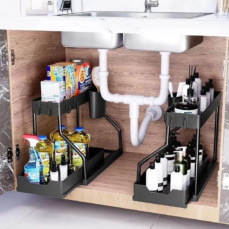 SIMESTICH LShaped Under Sink Organizer for Kitchen & Bathroom Cabinet | 2Tier Adjustable Storage Rack for Utensils, Cleaning S