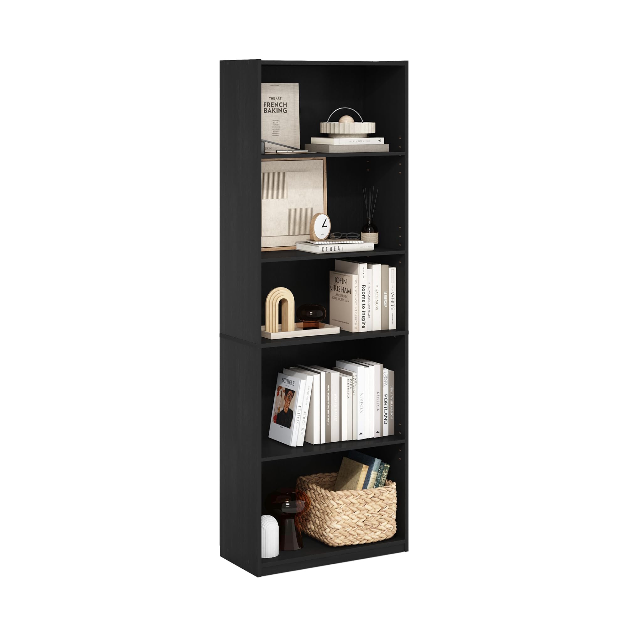 Furinno Gehry 5-Tier Bookcase, Bookshelf with Adjustable Shelves, Blackwood