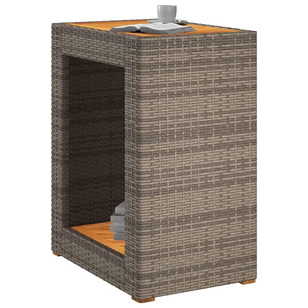 vidaXL Garden Side Table - Grey Poly Rattan & Acacia Wooden Top for Patio, Deck, Outdoor Dining & Backyard Use, with Shelf & Durable Frame
