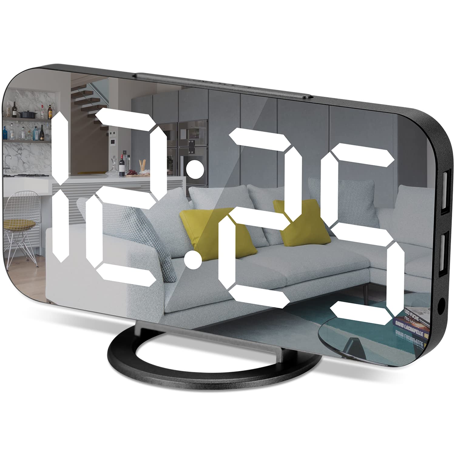 Digital Alarm Clocks,7 LED Mirror Electronic Clock,with 2 USB Charging Ports,Snooze Mode,Auto Adjust Brightness,Modern Desk Wall