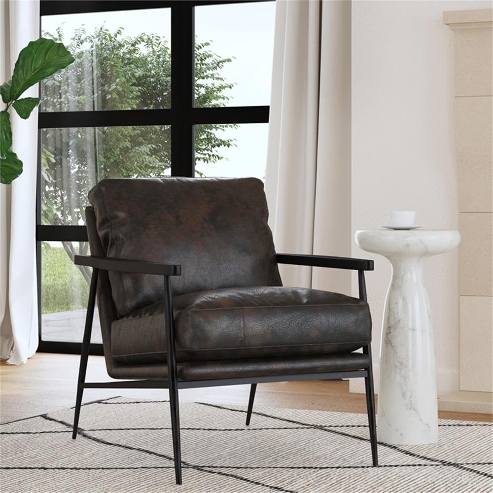 Kosas Home Arnold Cushion Back Transitional Leather Club Chair in Black