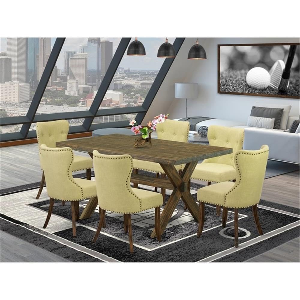 East West Furniture X776Si737-7 7 Piece Dining Set Consist Of A Rectangle Dining Room Table With X-Legs And 6 Limelight Linen Fabric Upholstered Parson Chairs, 36X60 Inch, Multi-Color
