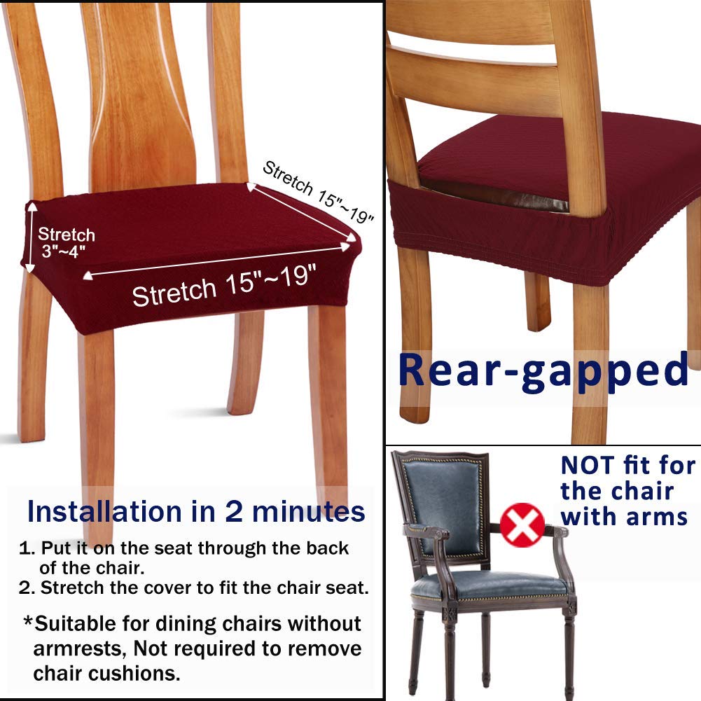 Buyue Fast Installation Dining Room Chair Covers Set Of 4, Luxury Stretch Jacquard Seat Slipcovers For Kitchen Armless Chairs, Rear Gapped- Burgundy- 4