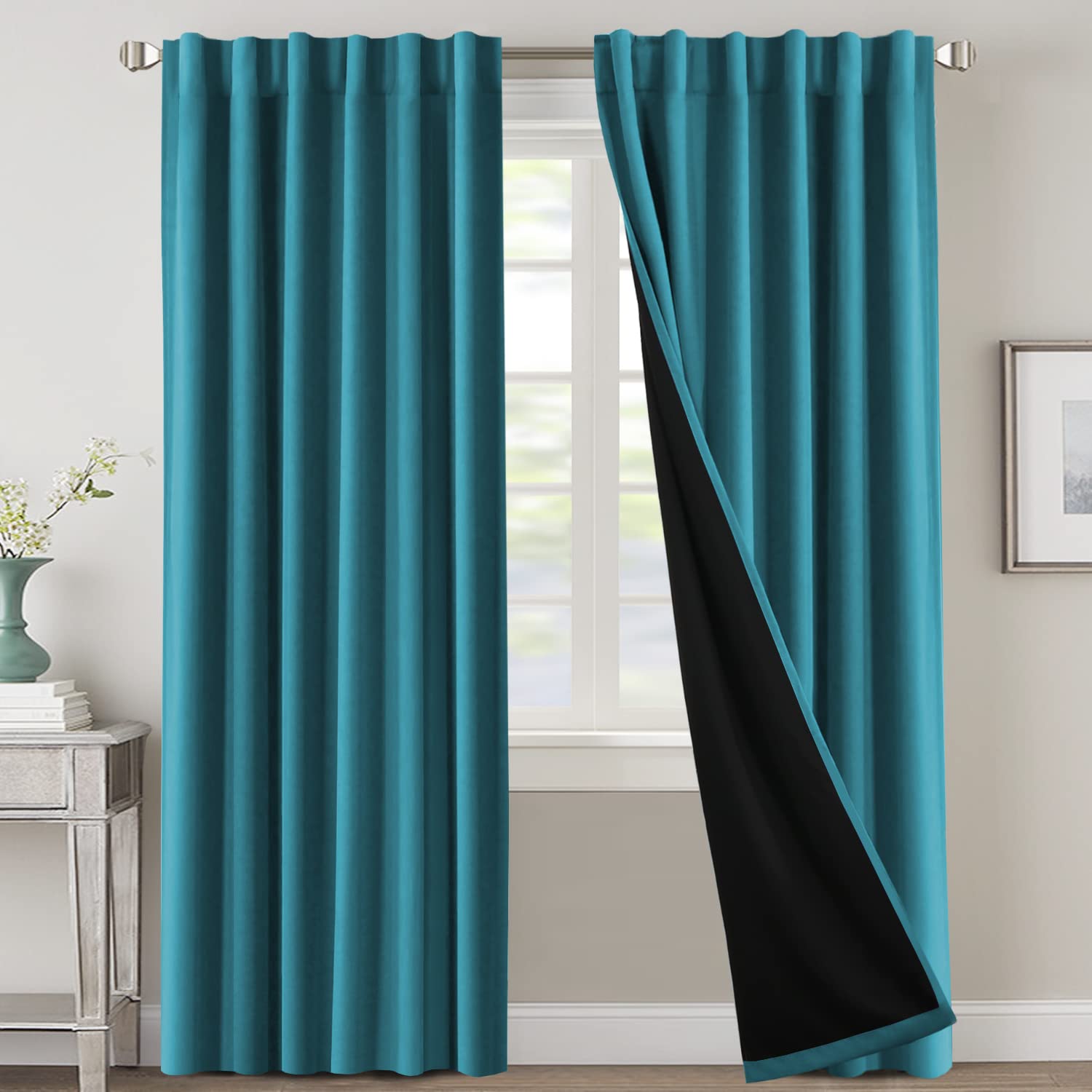 H.VERSAILTEX 100% Blackout Curtains for Bedroom with Black Liner Full Room Darkening Curtain 84 Inch Long Thermal Insulated Back