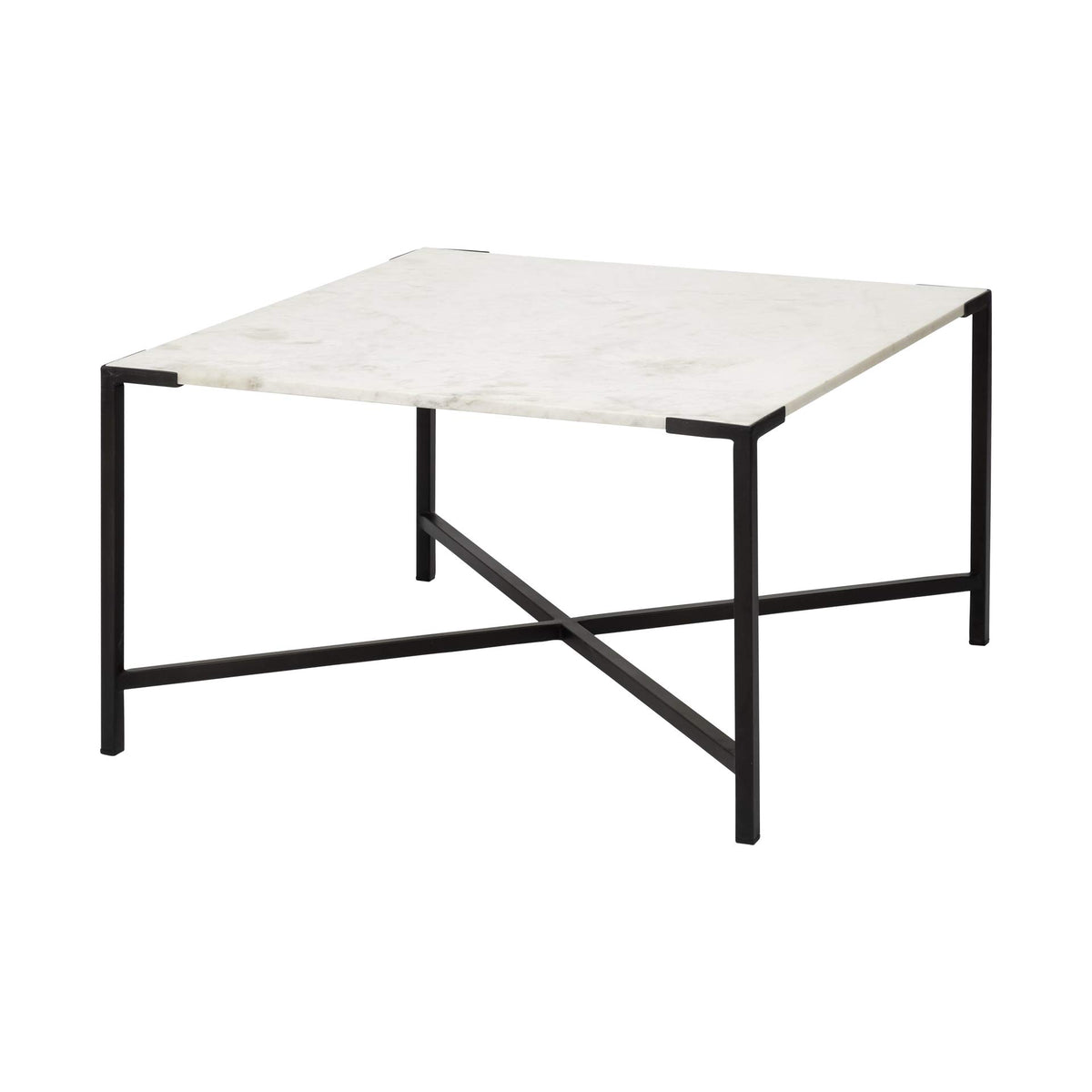 HomeRoots Square White Marble Top andd Black Metal Base Coffee Table