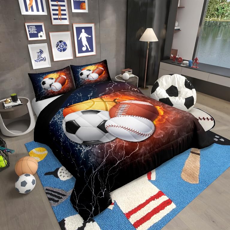 Soccer Bedding Football Comforter Baseball Bedding Sets Queen for Boys Basketball Comforter Set for Kids Teens Sport Duvet Inser