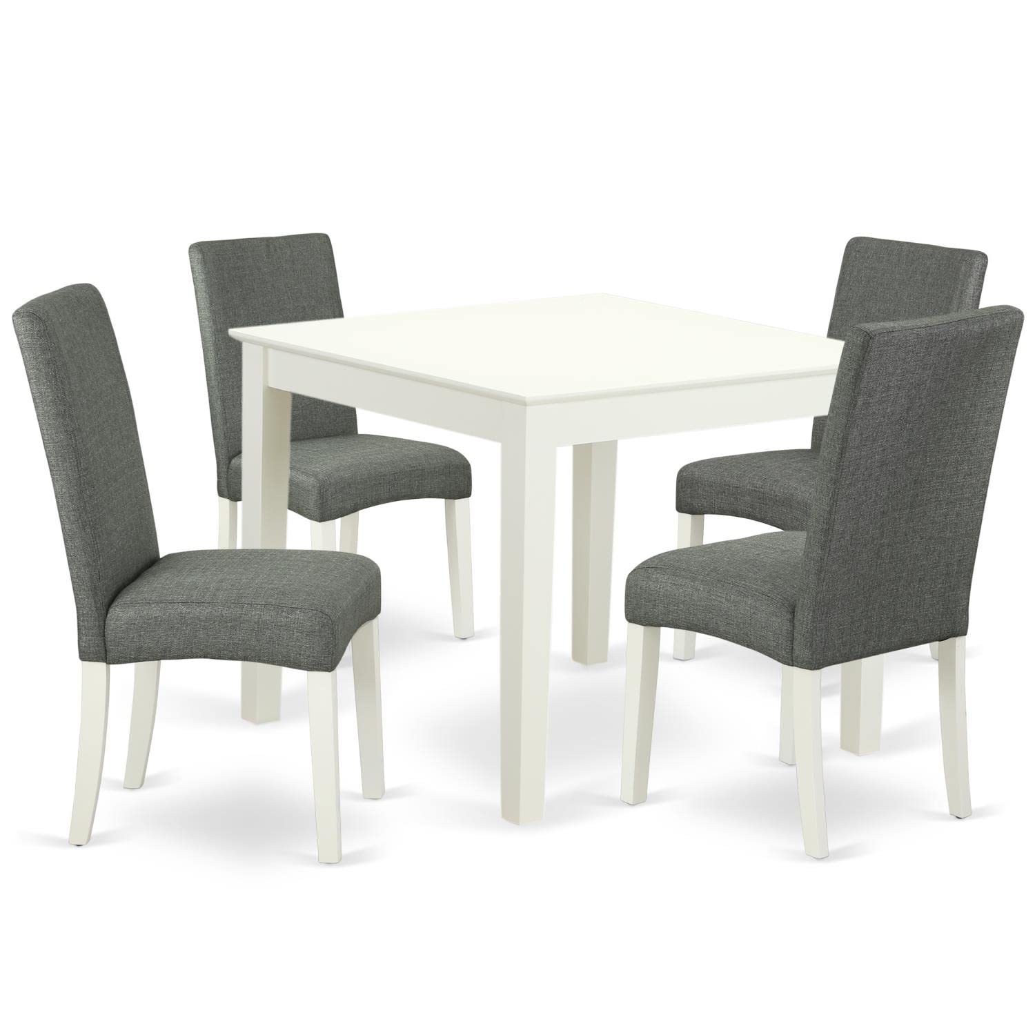 East West Furniture Oxdr5-Lwh-07 5 Piece Modern Dining Table Set Includes A Square Wooden Table And 4 Gray Linen Fabric Upholstered Chairs, 36X36 Inch, Linen White
