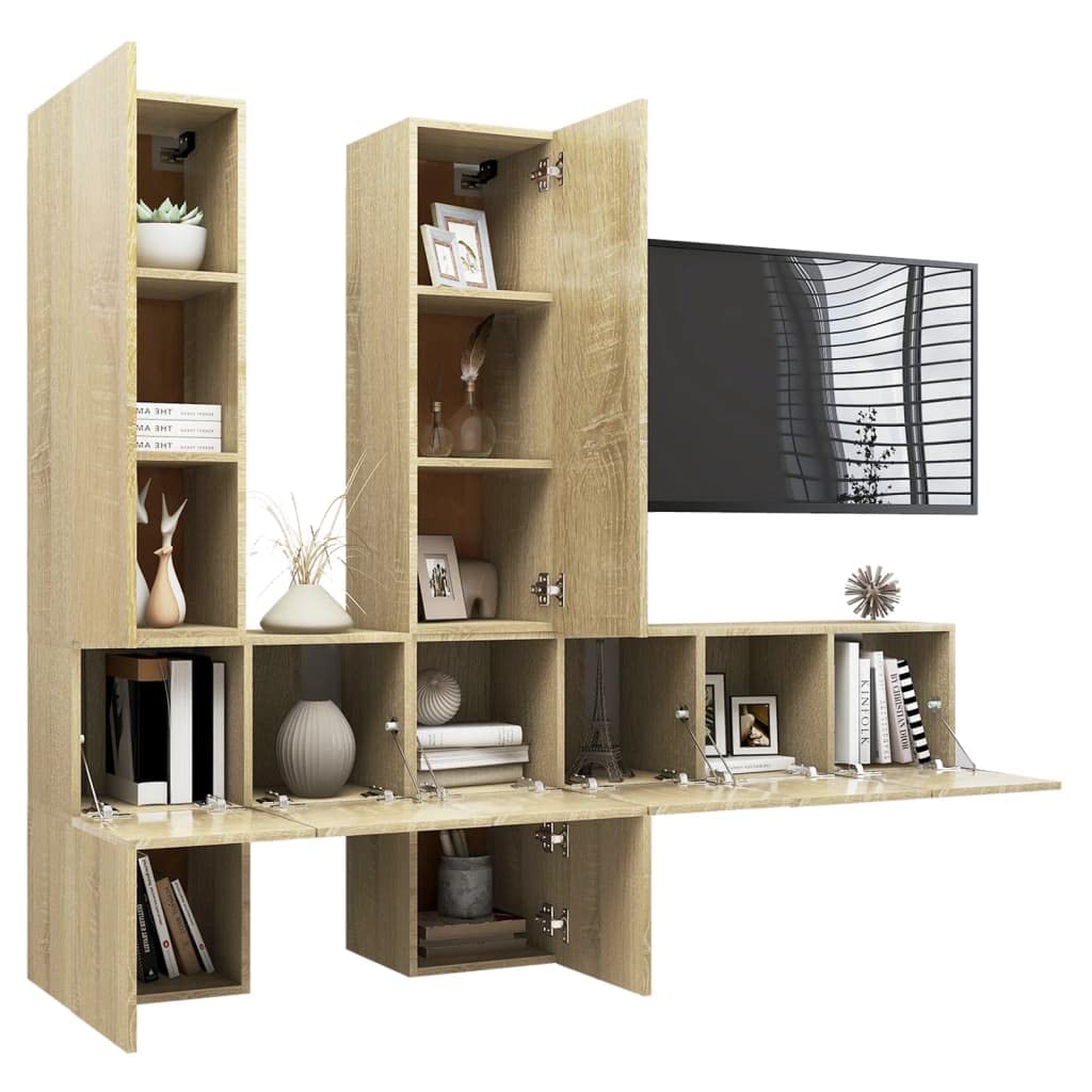 vidaXL TV Cabinet Set 7 Piece Home Indoor Living Room Hanging Wall-Mounted Stereo Plasma HiFi Cabinet TV Unit Furniture Sonoma Oak Engineered Wood