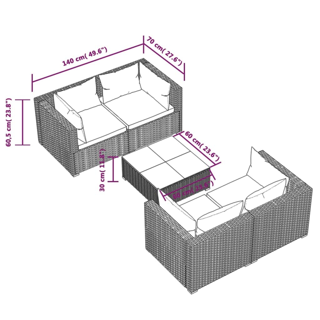 vidaXL 5 Piece Patio Lounge Set - Modular Design, Water-Resistant PE Rattan, Durable Powder-Coated Steel Frame, Comfortable Polyester Cushions, Includes Aqua Cushions and Black Glass Coffee Table