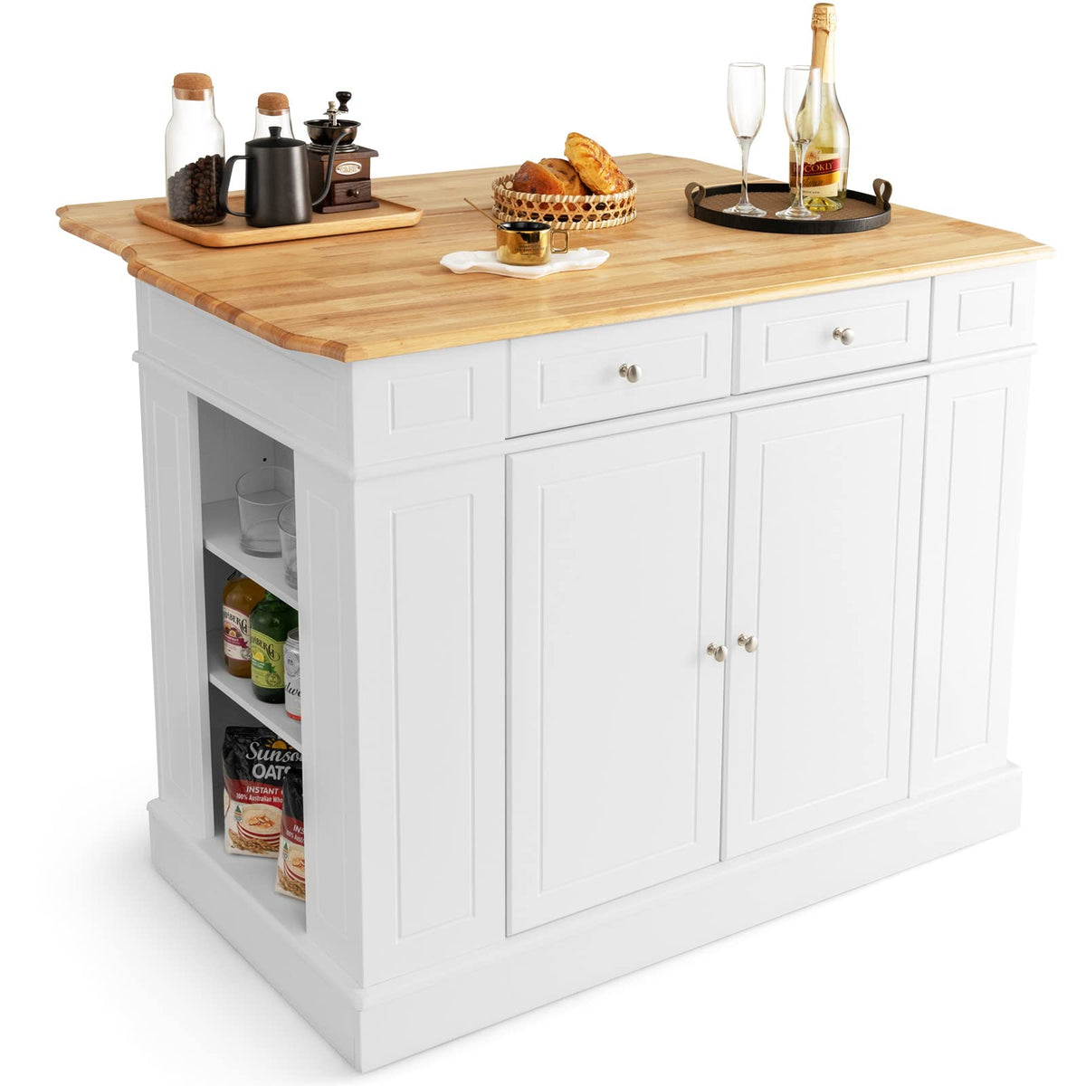 Giantex Kitchen Island With Drop Leaf, Rubber Wood Top, 2 Drawers, Storage Cabinets, Spice Racks, Adjustable Shelves, Stationary Kitchen Table For Home Coffee Bar, 47”X36”X36” (White)
