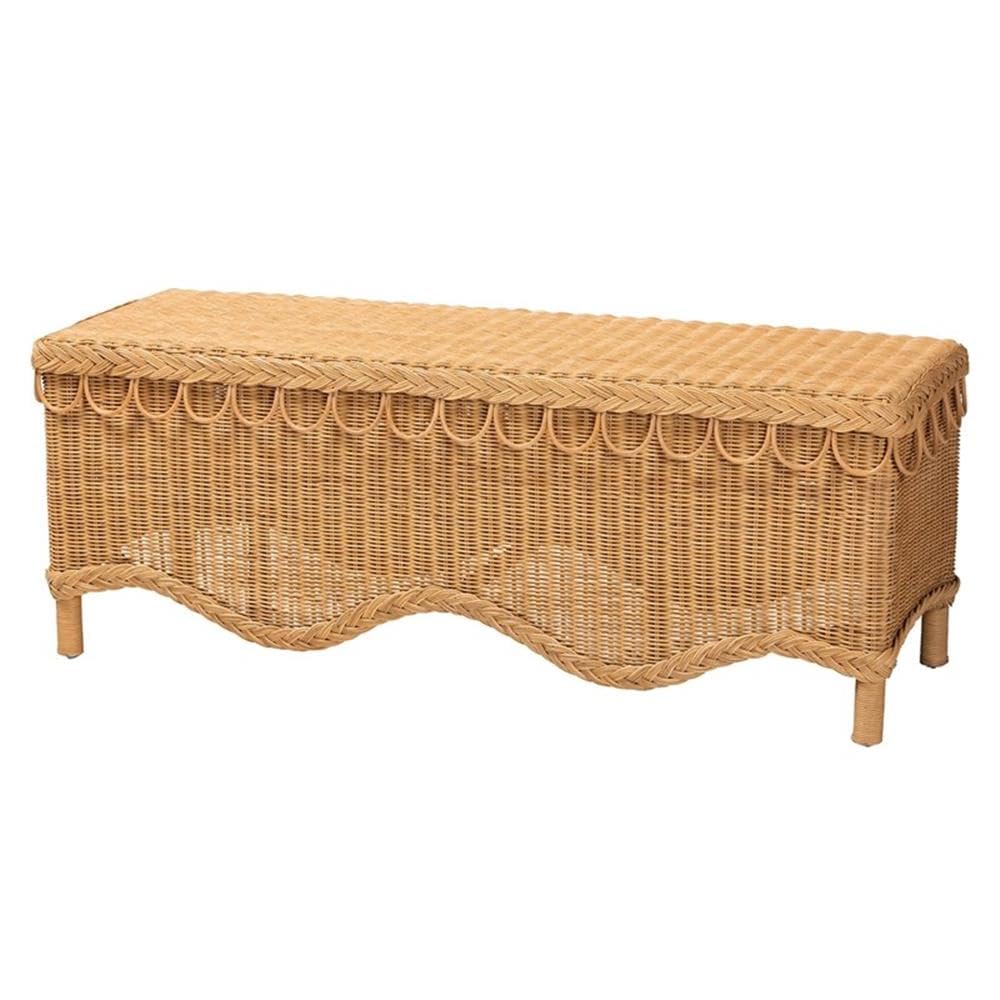 bali & pari Erla Bohemian Light Honey Rattan Accent Bench with Scallop Border