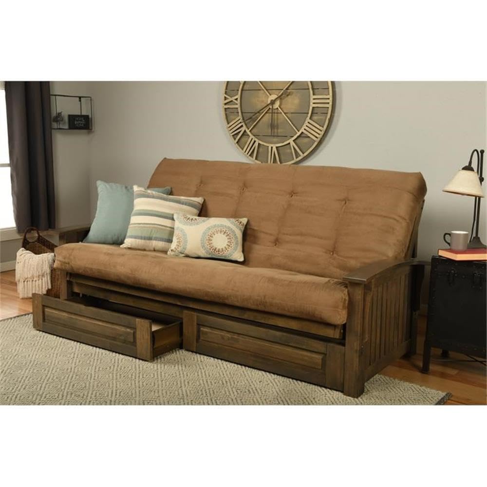 Kodiak Furniture Washington Queen Size Futon Frame with Storage Drawers - Wood Futon Frame with Mattress Included in Suede Peat Color