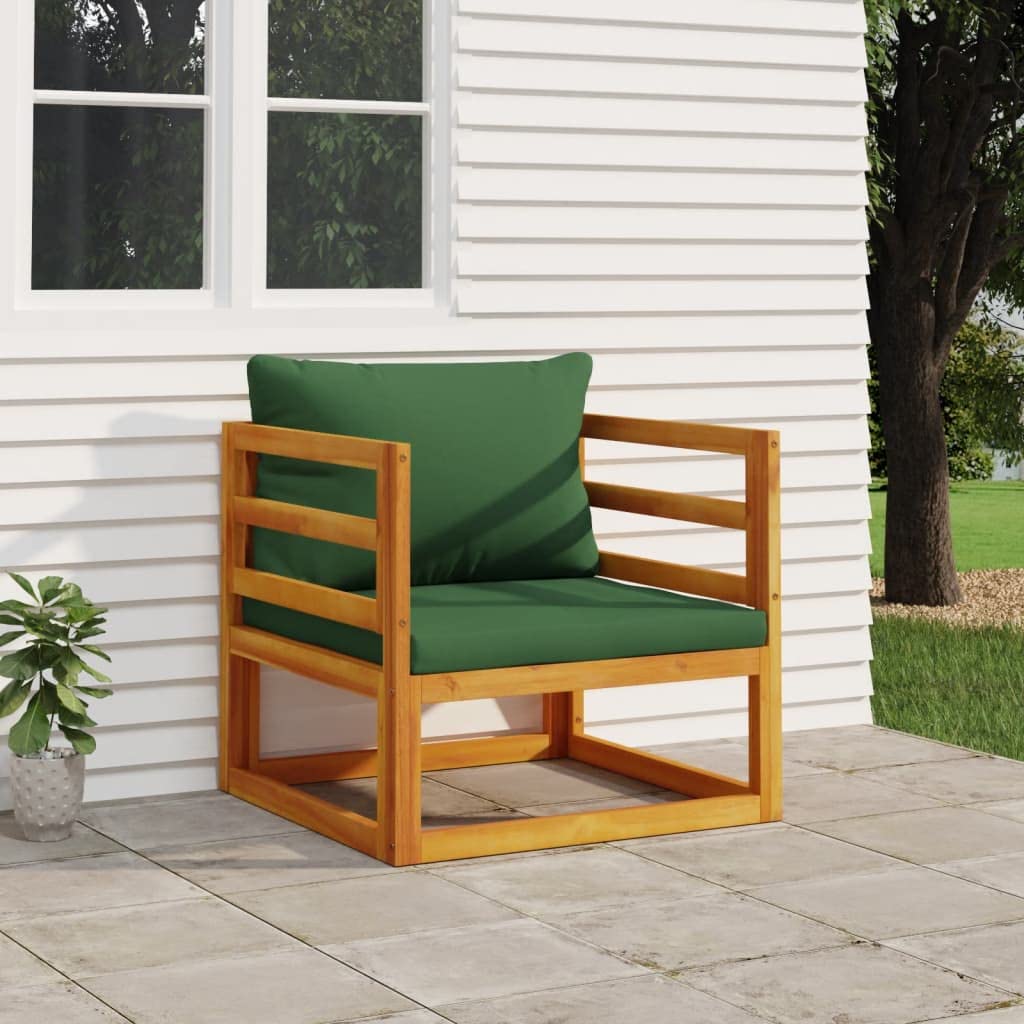 vidaXL Solid Acacia Wood Patio Chair with Green Cushions - Comfortable Backrest for Indoor/Outdoor Lounge Seating.