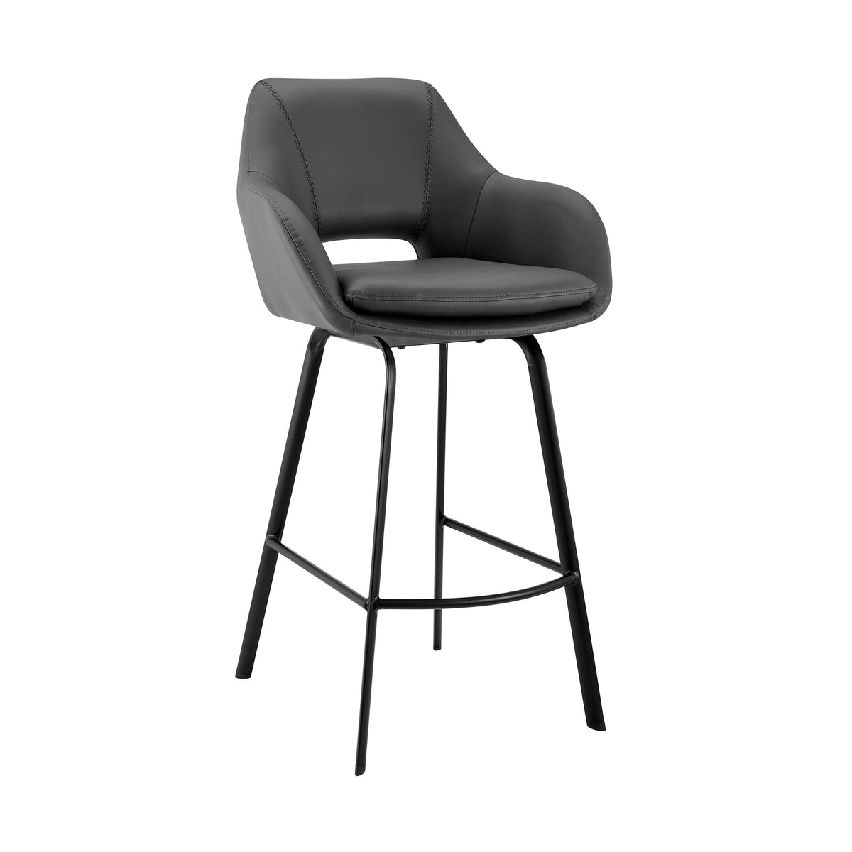 HomeRoots Metal, Faux Leather 30' Gray on Black Faux Leather Comfy Swivel Bar Stool