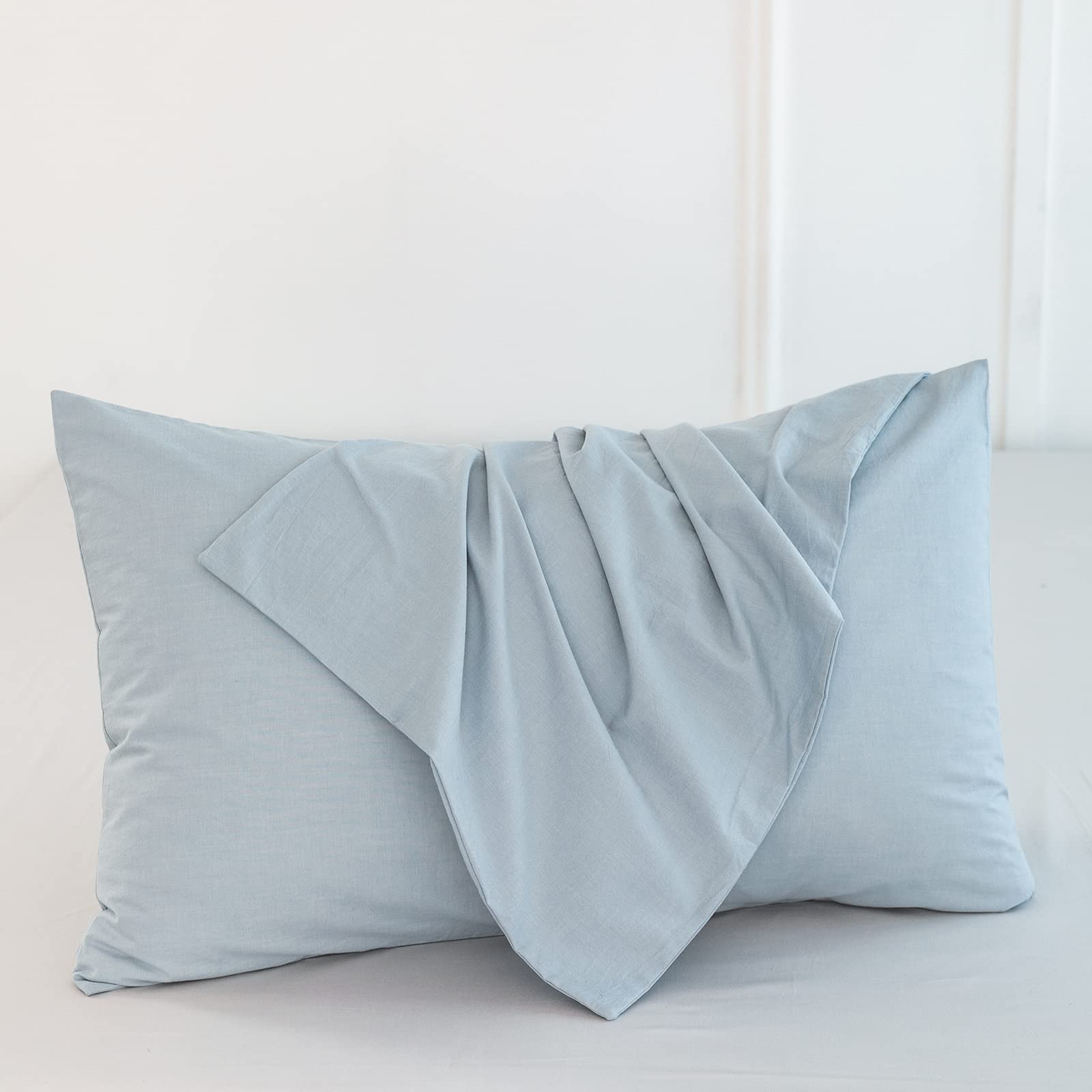 Moomee Bedding Pillowcases Pack Of 2 100% Washed Cotton Linen Like Textured Breathable Durable Soft Comfy (Cornflower Blue, King