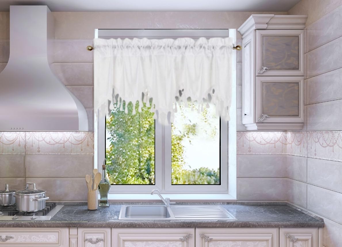 Solid Faux Silk Swag Waterfall Cascade Ascot Window Curtain Valance W/Tassels Trim 55' X18' Wave (1, White)