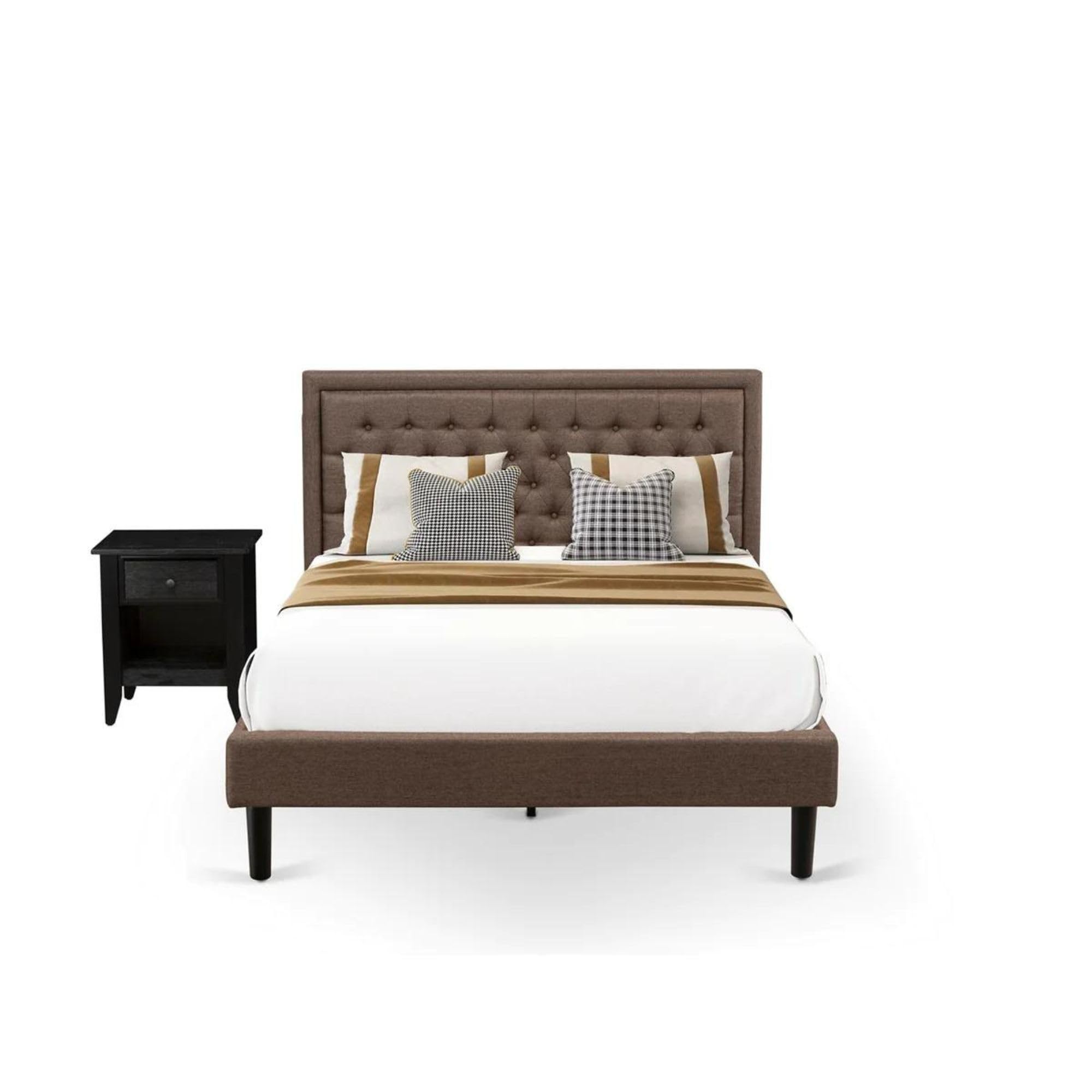 East West Furniture KD18Q-1GA06 2 Piece Queen Bedroom Set - 1 Queen Frame Brown Linen Fabric Padded and Button Tufted Headboard with 1 Night Stand - Wire Brushed Black Finish Nightstand
