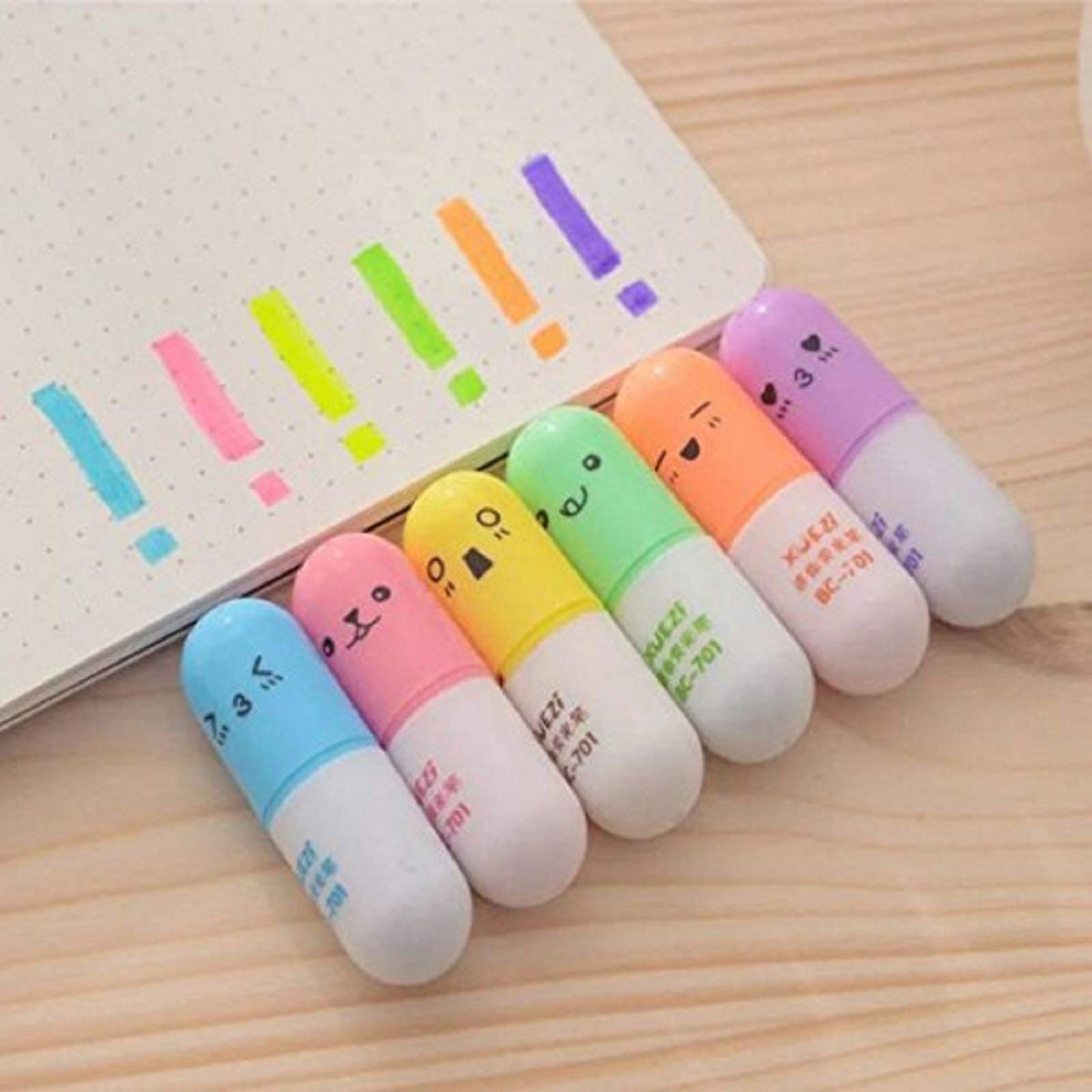 Vanvene 6 Pcs/Set Mini Pill Shaped Highlighter Pens For Writing Cute Face Graffiti Marker Pen Korean Stationery School Office Su