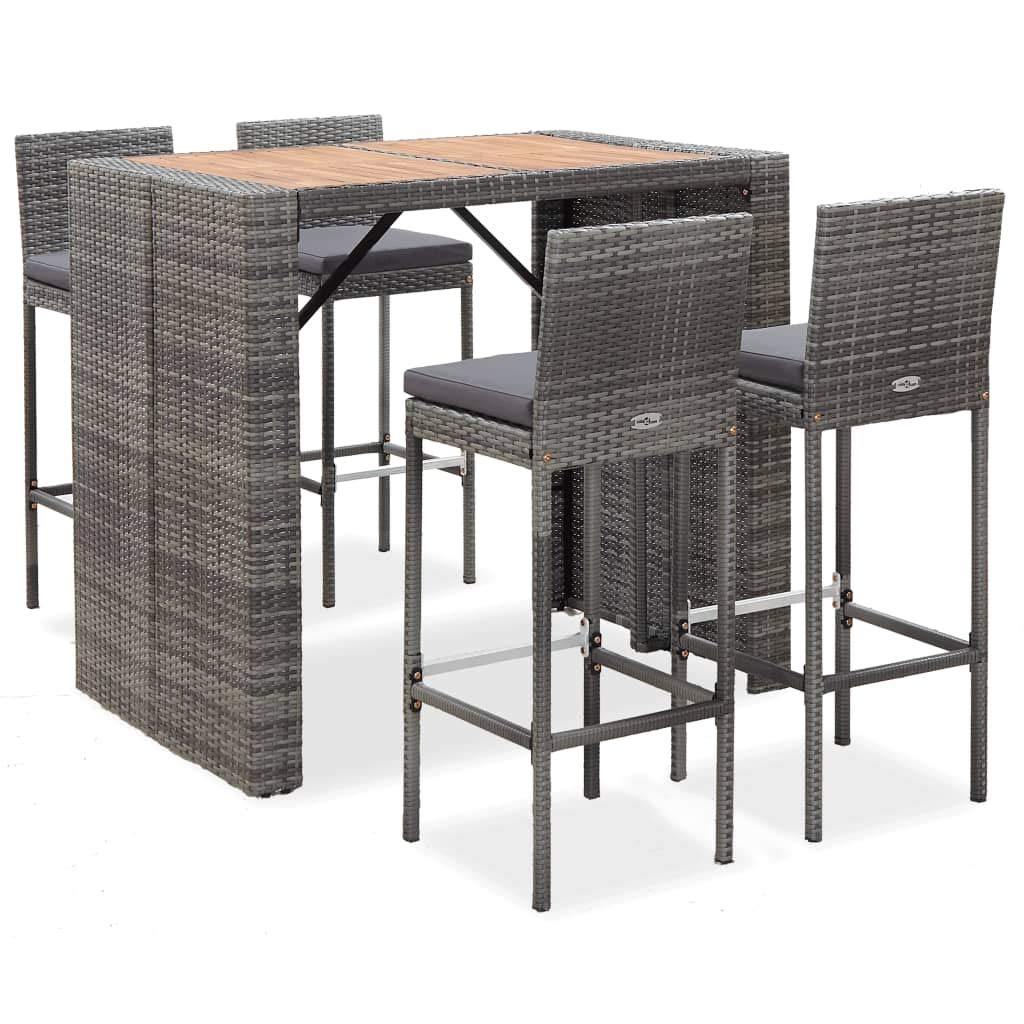 FAMIROSA 5 Piece Outdoor Bar Set Poly Rattan and Acacia Wood Gray