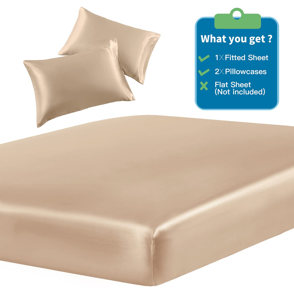 Siinvdabzx 3-Piece Set Satin Twin Fitted Sheet & 2 Pillowcase, Beige Silky Soft Fitted Bottom Sheet, Wrinkle Free, Fade Resistan
