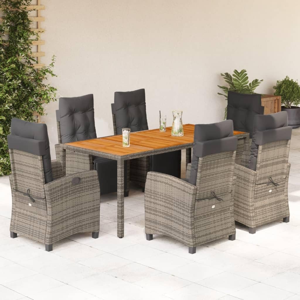 vidaXL 7 Piece Patio Dining Set with Gray Cushions - PE Rattan Furniture for Garden, Backyard, Patio - Adjustable Chairs with Acacia Wood Table