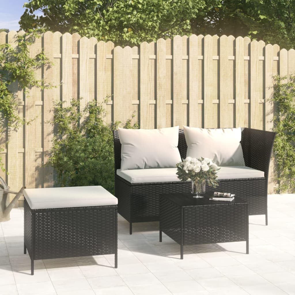 vidaXL Outdoor Patio Lounge Set, 3-Piece, Elegant Style, Ample Storage Space, with Cushions, Water-Resistant Bag, Comfortable Seating, Easy Assembly, Black Poly Rattan