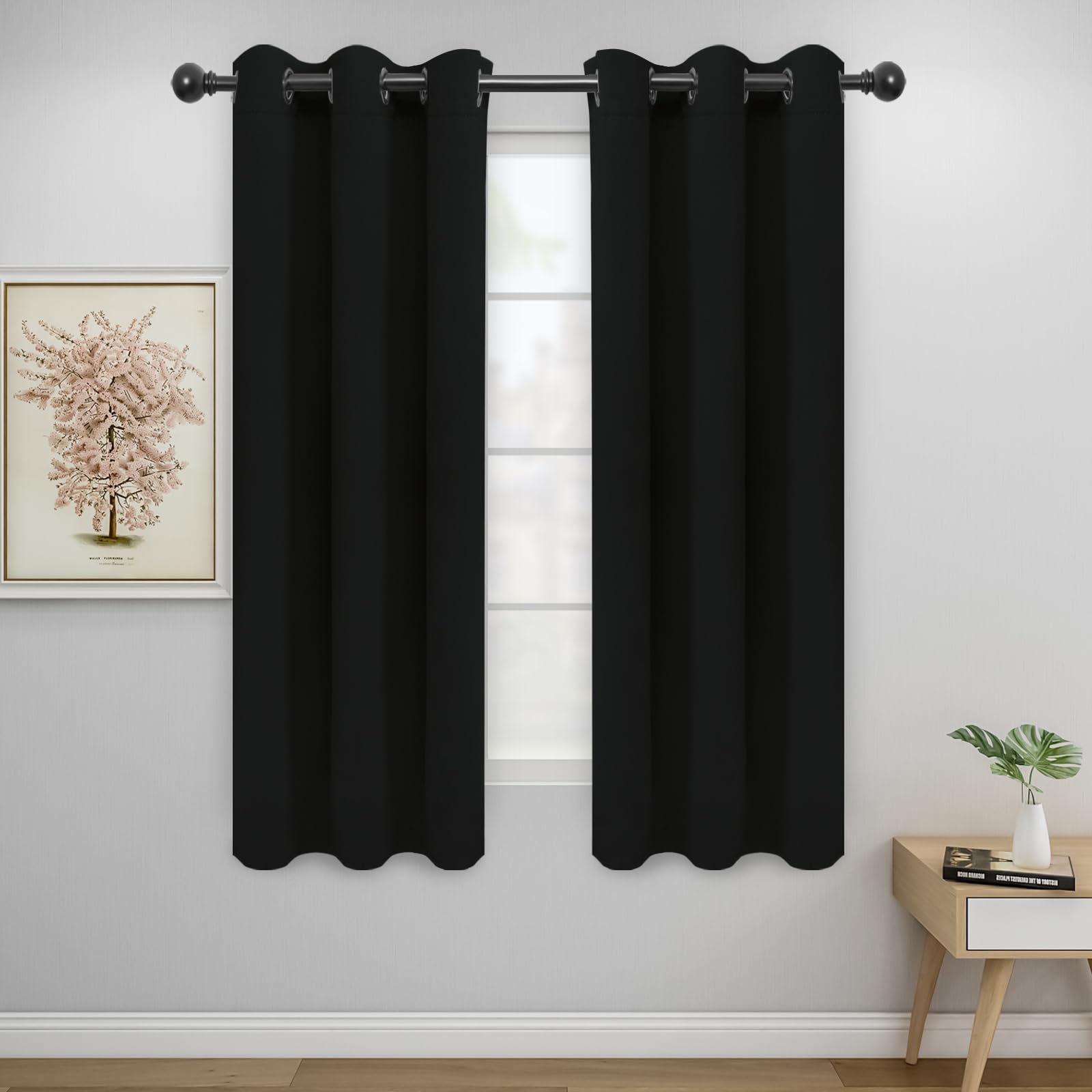 Easy-Going Blackout Curtains For Bedroom, Solid Thermal Insulated Grommet And Noise Reduction Window Drapes, Room Darkening Curtains For Living Room, 2 Panels (34X63 In, Black)