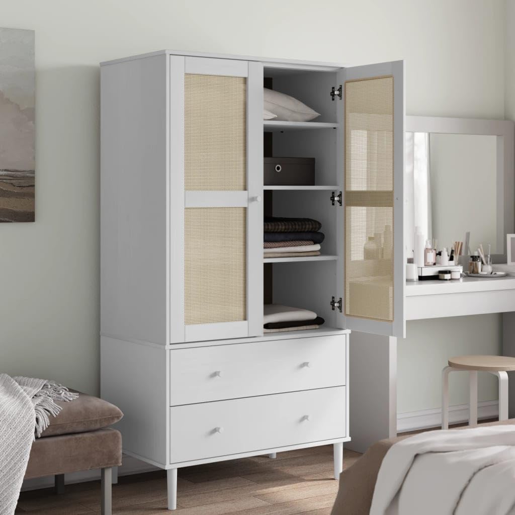 vidaXL SENJA White Wardrobe Caninet with Poly Rattan Look - Ample Storage of Clothes and Accessories, Solid Pine Wood and Engineered Wood Construction, Midcentury Modern Boho Aesthetic